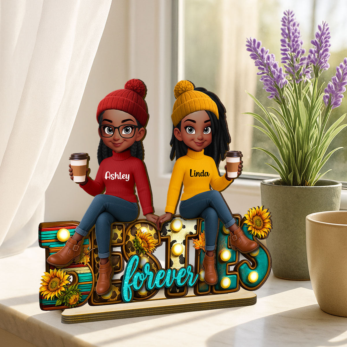 Western Fall Vibe Besties Sitting Personalized Standing Wooden Plaque, Fall Gift for Best Friends