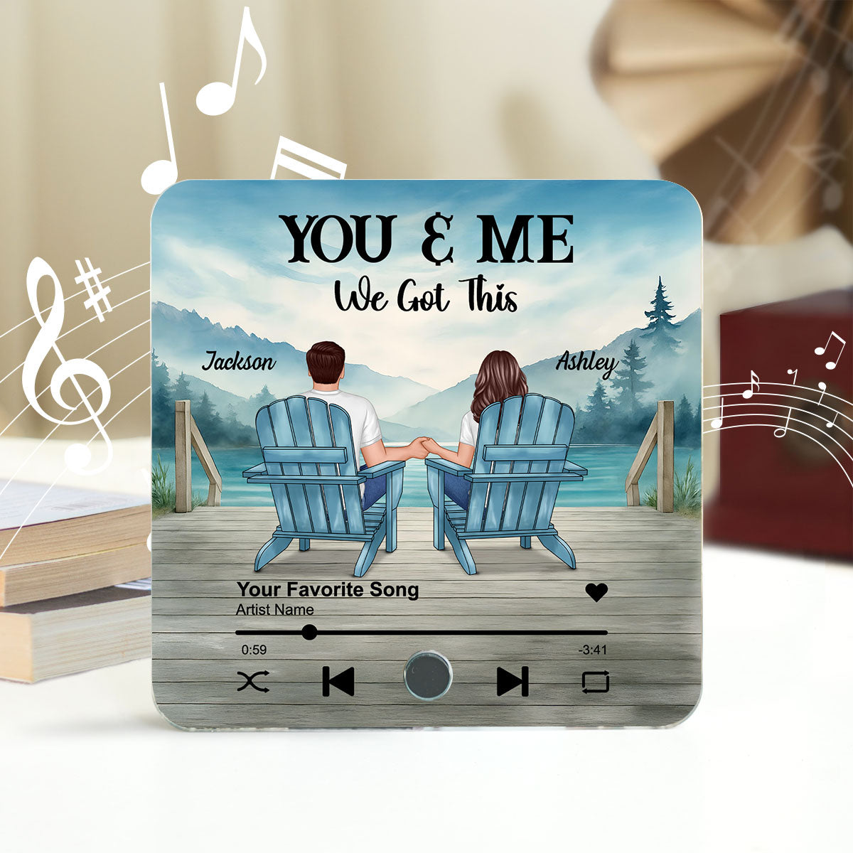 Lakeside Mountain Landscape Couple Back View Personalized Music Fridge Magnet, Anniversary Gift for Him for Her