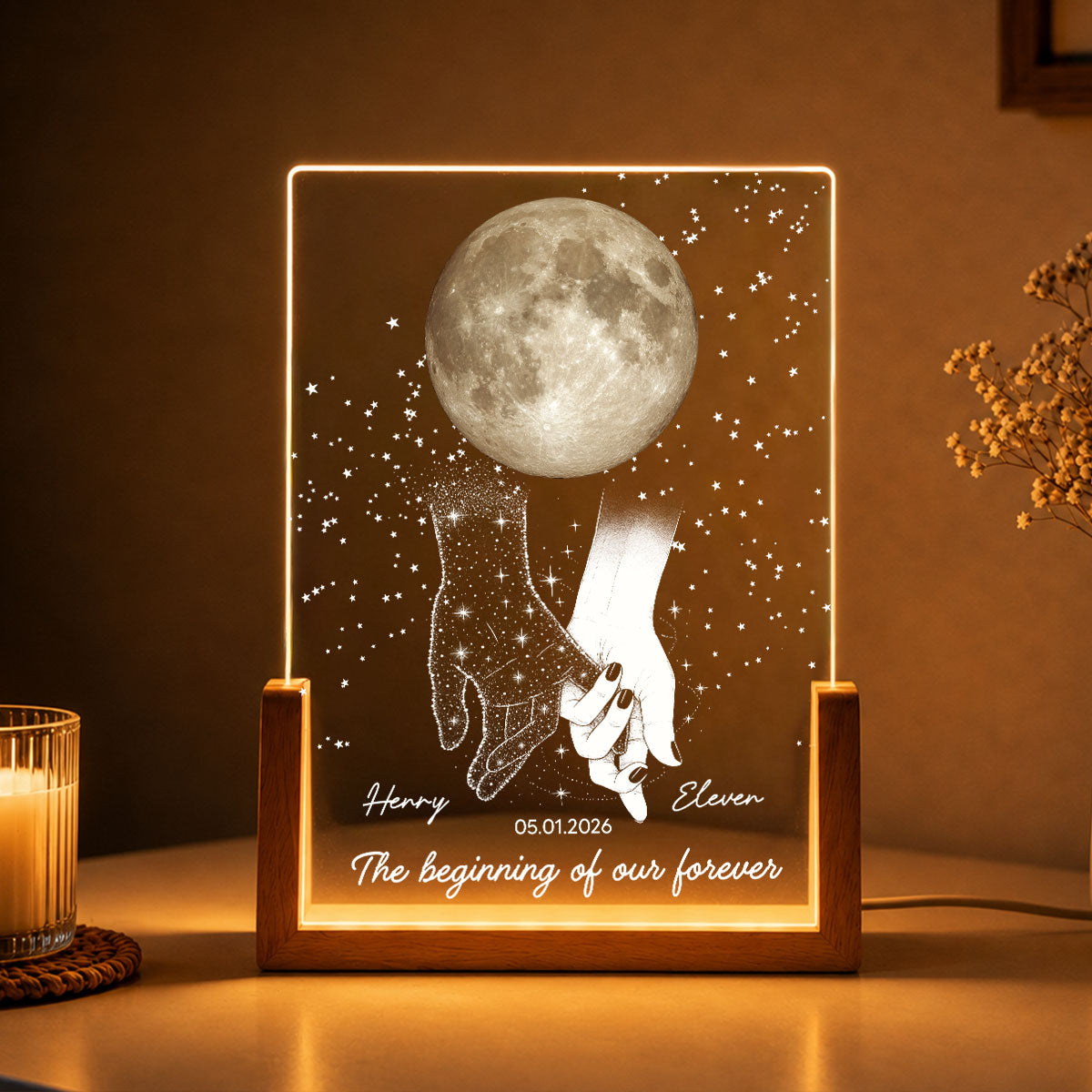 Couple Moon Phase The Beginning Of Our Forever - Personalized Acrylic LED Night Light - Wedding Anniversary Gift For Couple