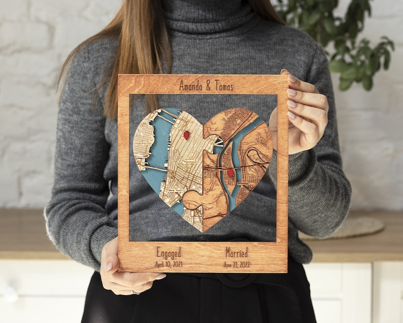 Newly Wed Gifts, Two Locations Heart Puzzle Map Wooden Framed Wall Art, Personalized Wedding Gifts for Couple, 5th Anniversary Gift for Wife