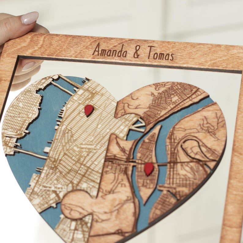 Newly Wed Gifts, Two Locations Heart Puzzle Map Wooden Framed Wall Art, Personalized Wedding Gifts for Couple, 5th Anniversary Gift for Wife