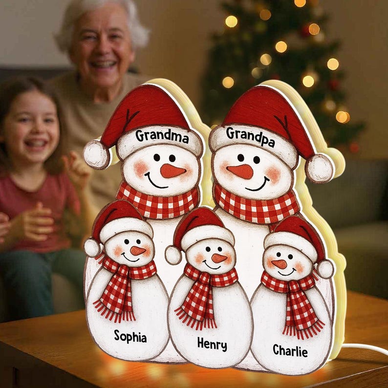Personalized Christmas Grandma Grandpa & Grandkids Snowman Light Box, Custom Christmas Decor For Grandparents, Mom, Dad, Xmas Family Gifts