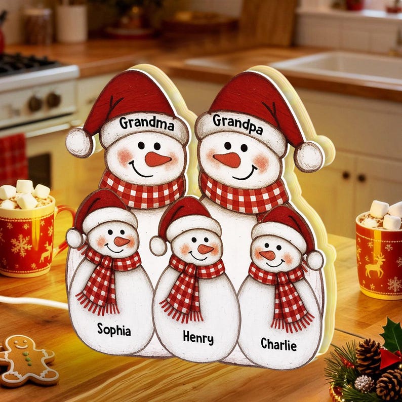 Personalized Christmas Grandma Grandpa & Grandkids Snowman Light Box, Custom Christmas Decor For Grandparents, Mom, Dad, Xmas Family Gifts