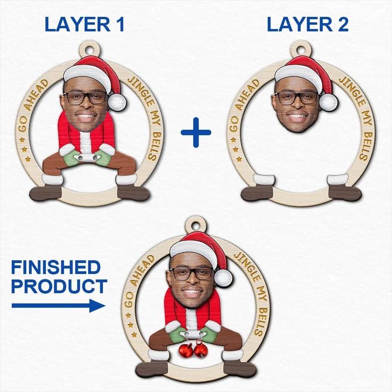 Custom Photo Go Ahead Jingle My Bells Ornament, Funny Santa Husband Gift, Personalized 2-Layered Wooden Christmas Keepsake for Couples