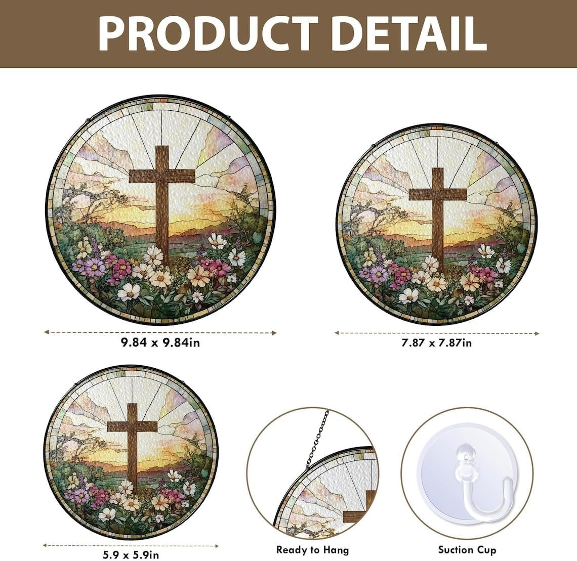 Cross and Wildflowers Stained Glass Suncatcher, Christian Glass Windows Hanging