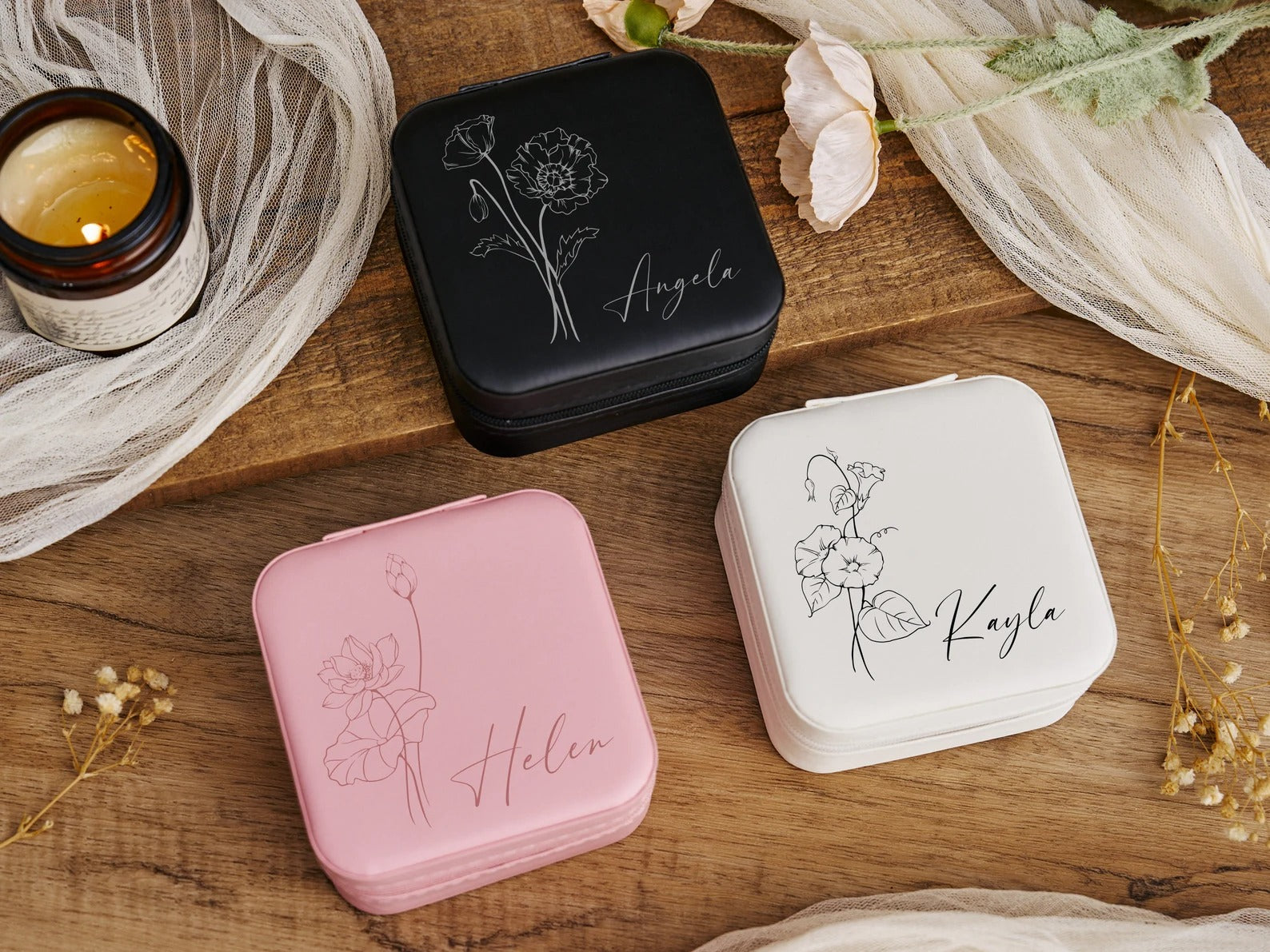 Personalized travel jewelry box, small square earring organizer, bridesmaid gifts box for sister, friend