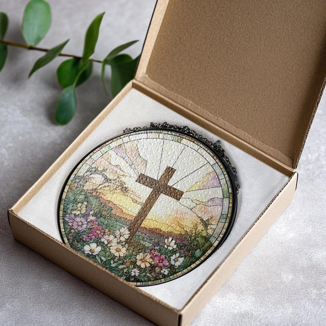 Cross and Wildflowers Stained Glass Suncatcher, Christian Glass Windows Hanging