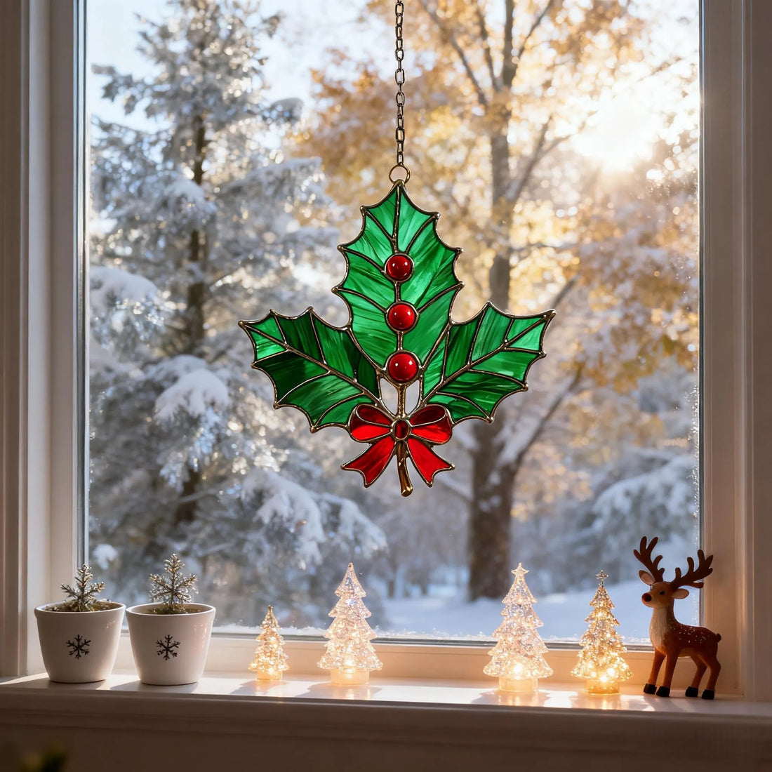 Stained Glass Holly Leaf Ornament – Festive Christmas Decoration,winter holiday suncatcher,Christmas gift,Stained Glass Holiday Decoration