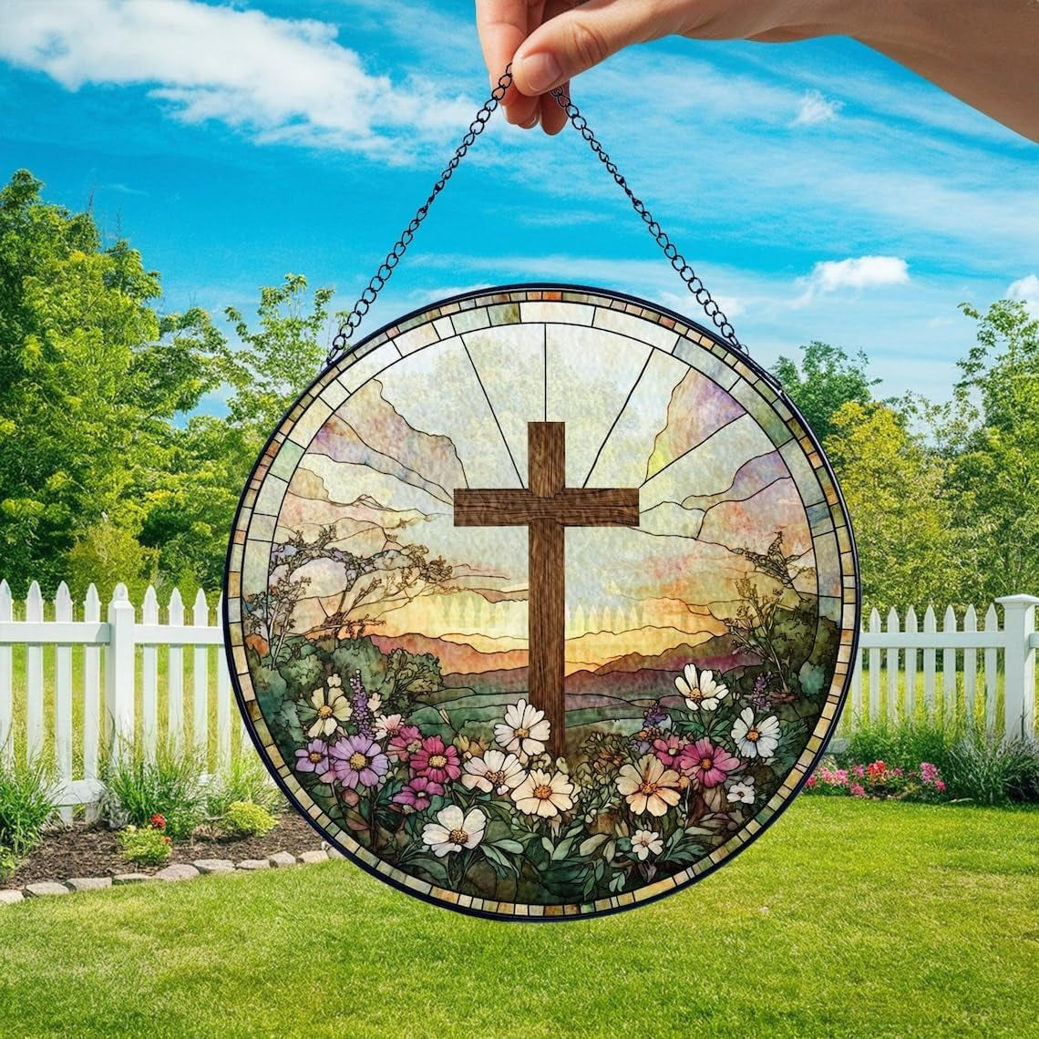 Cross and Wildflowers Stained Glass Suncatcher, Christian Glass Windows Hanging