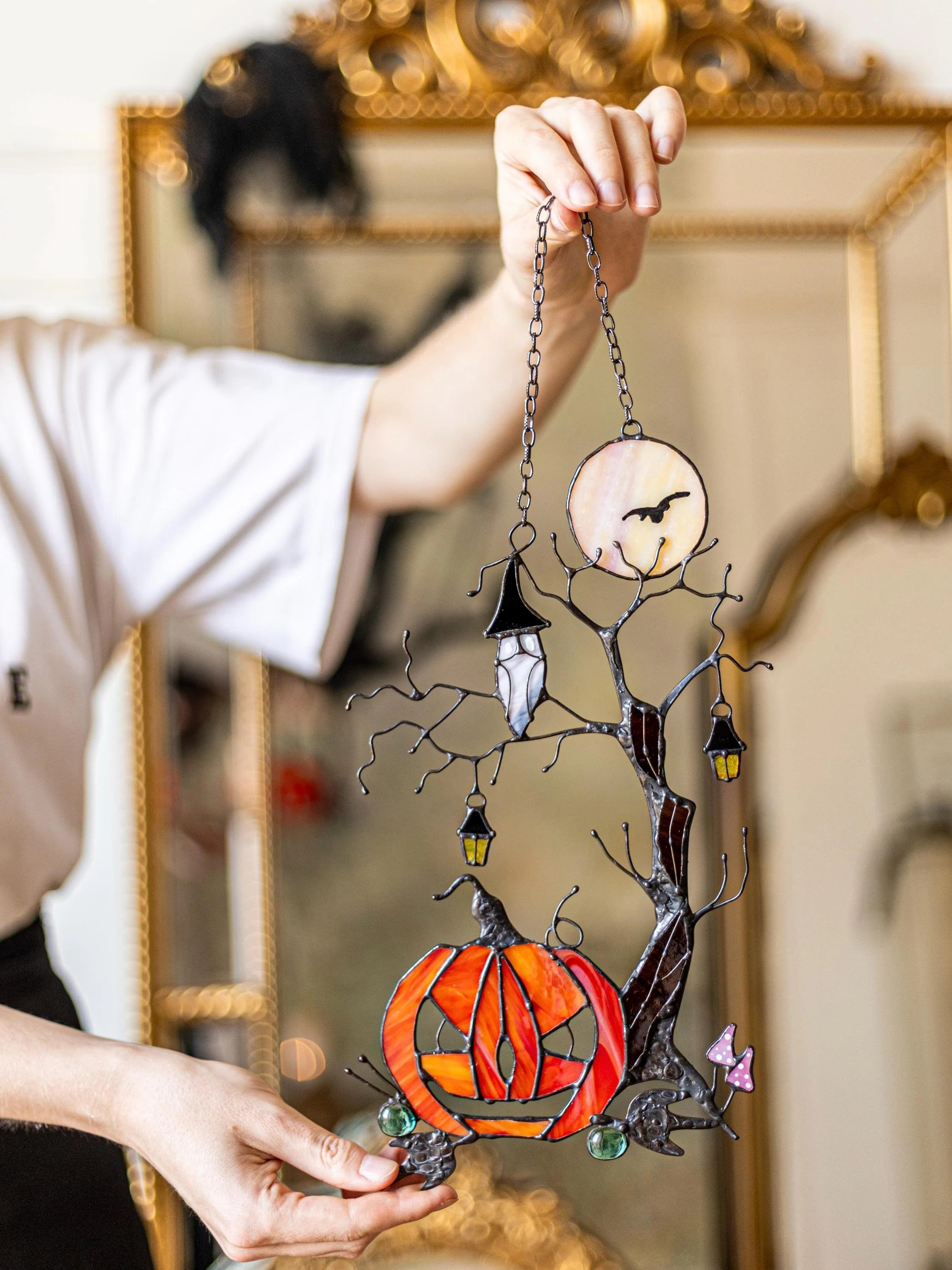 Pumpkin Mystical Tree Stained Glass Horror Picture Home Decor Halloween Spooky Owl Window Wall Hanging Witch gift.