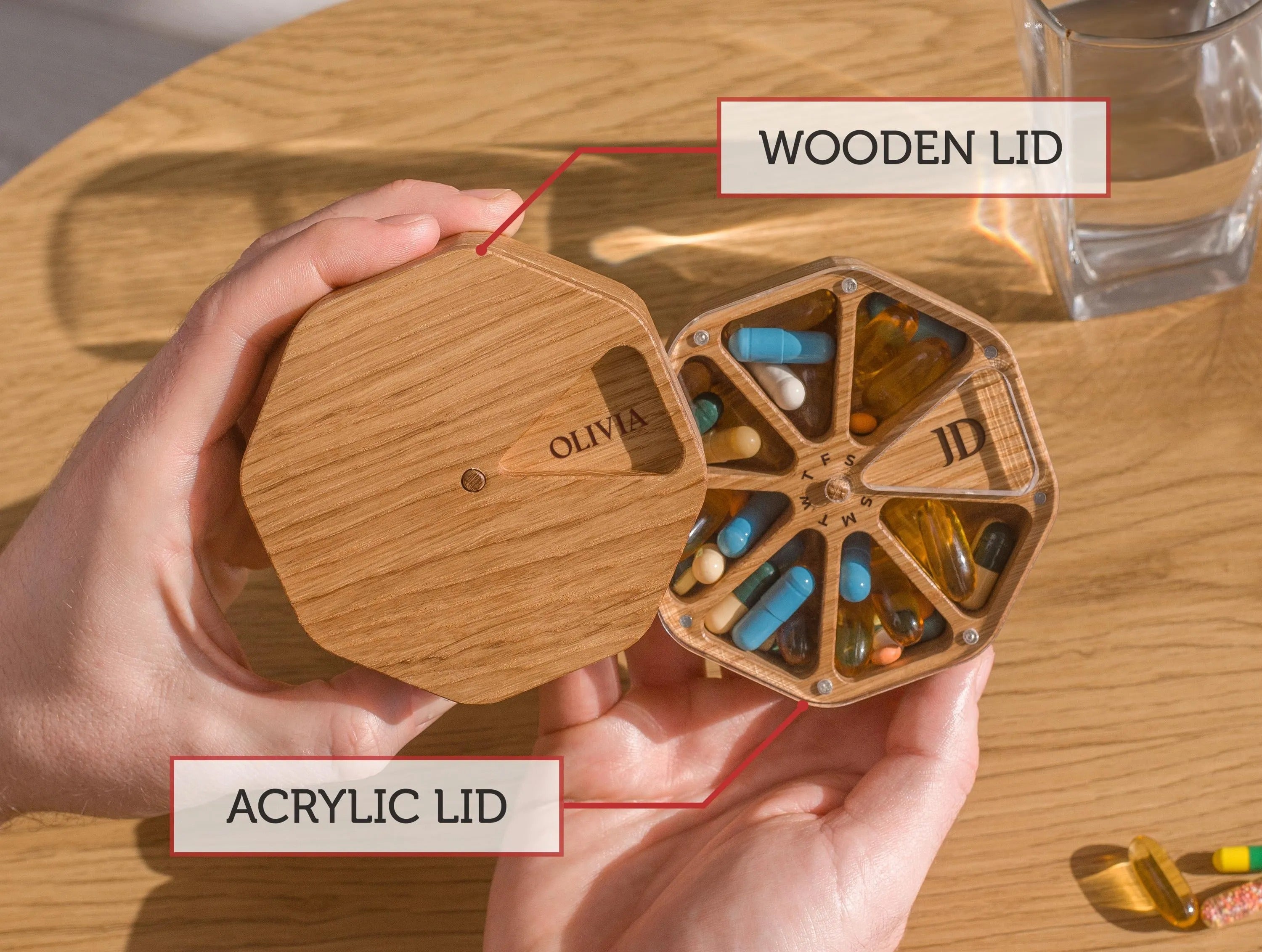 Wooden Pill Box 7-Day With Medication Log, Pill Organizer, Weekly Pill Case, Mini Trinket Box Gift For Grandma Or Grandpa