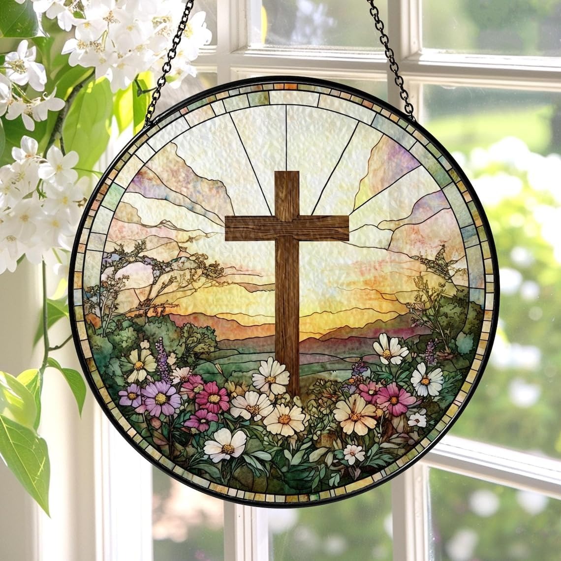Cross and Wildflowers Stained Glass Suncatcher, Christian Glass Windows Hanging