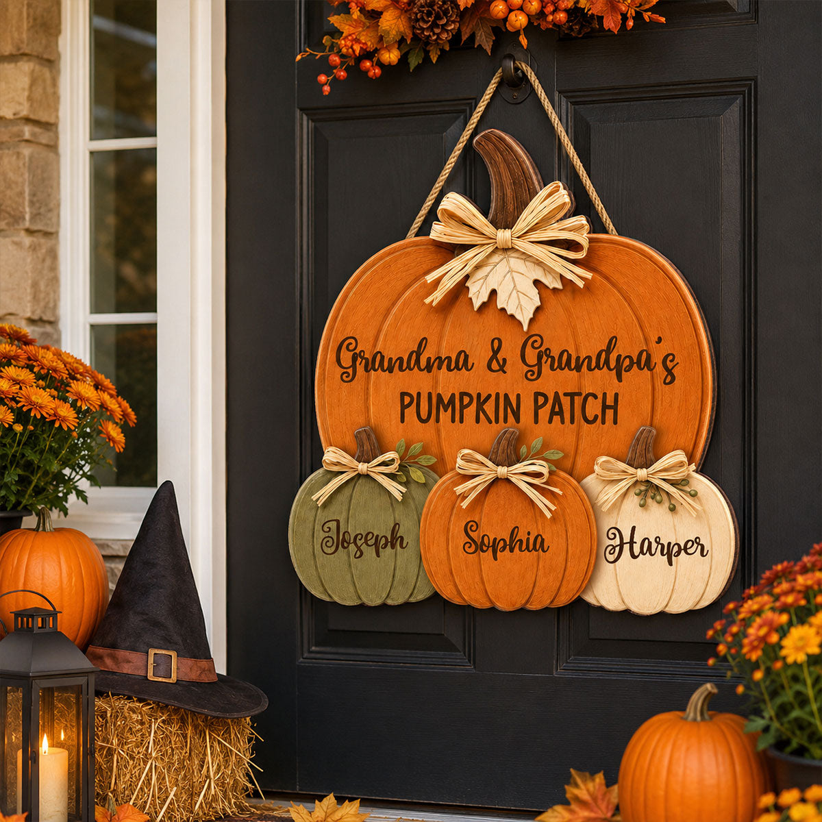 Grandma Grandpa's Pumpkin Patch 2D Flat - Personalized Door Hanger - Fall Season Decor For Grandparents