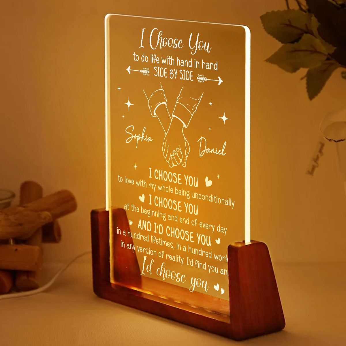 Romantic I Choose You Hand In Hand - Personalized Acrylic LED Night Light - Wedding Anniversary Gift For Couple