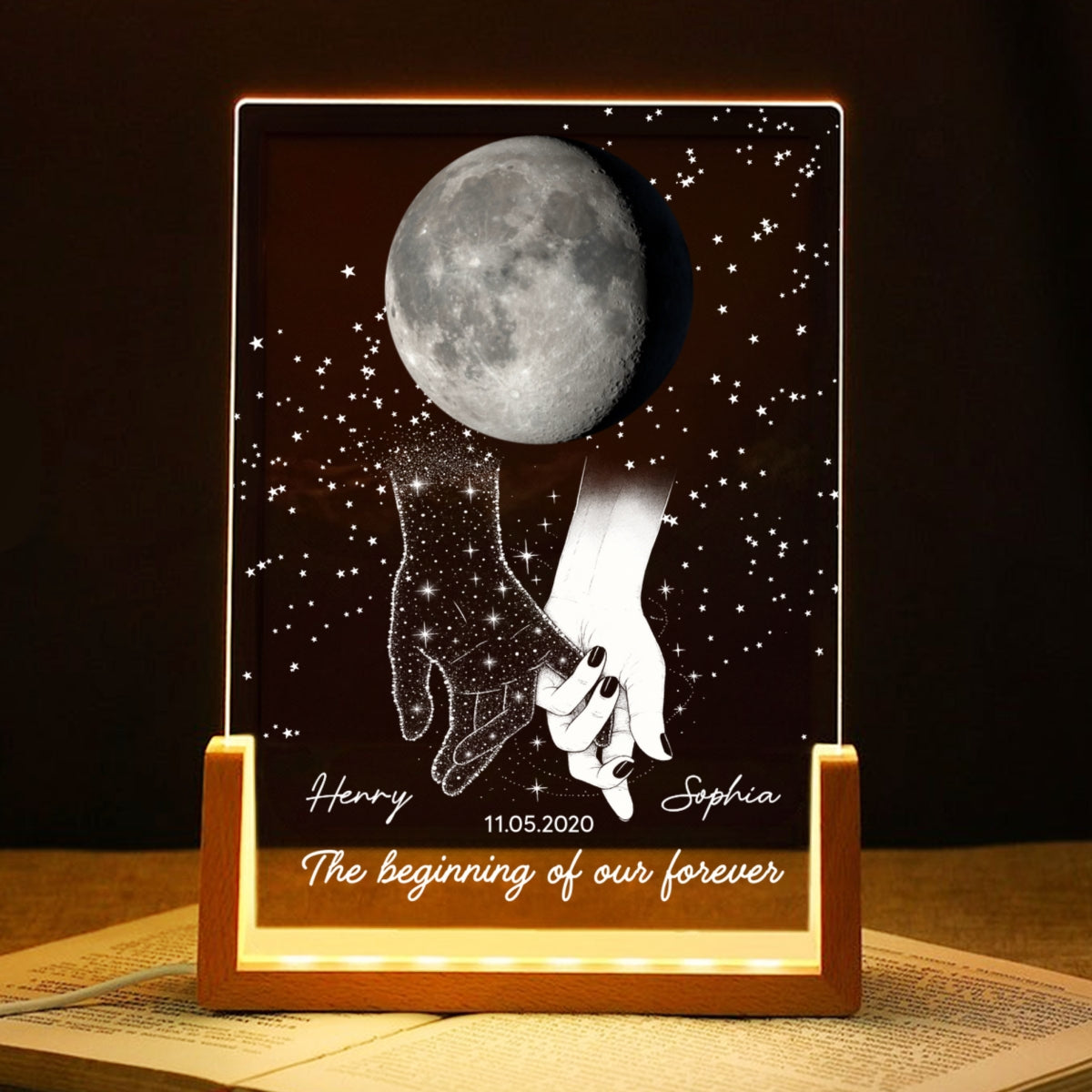 Couple Moon Phase The Beginning Of Our Forever - Personalized Acrylic LED Night Light - Wedding Anniversary Gift For Couple