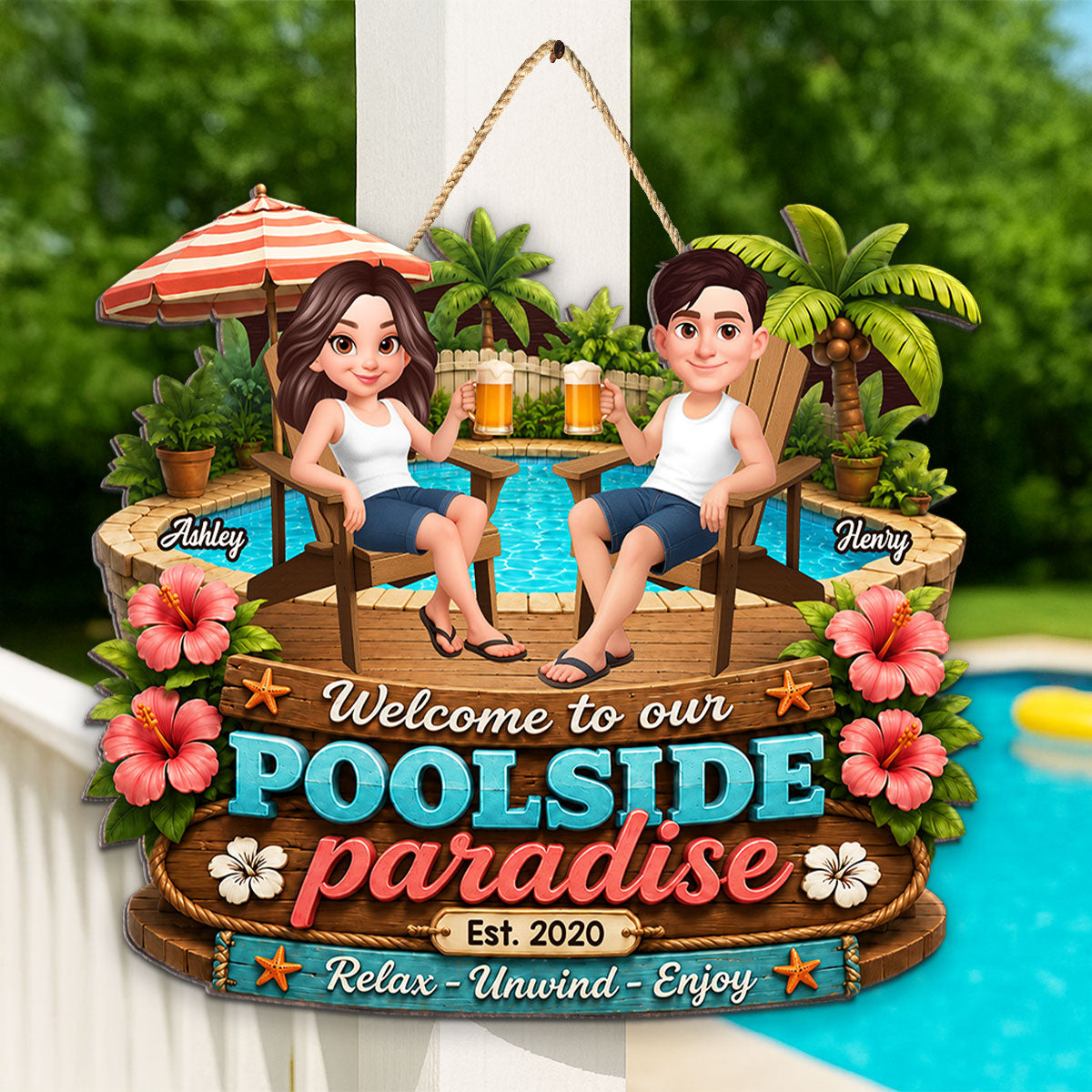 Summer Vibe Welcome To Our Poolside Paradise - Personalized Wood Sign - Gift For Couple, Summer Porch, Patio, Bar Decoration