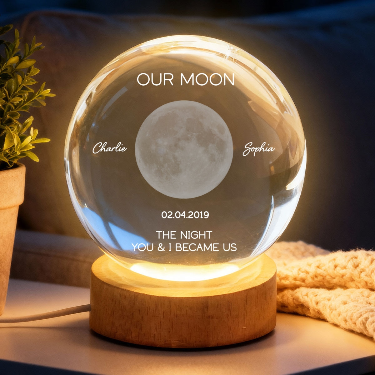 Personalized Moon Phase Crystal Ball Night Light - Custom Date Gift for Mom & Her - Unique Anniversary or Birthday Keepsake
