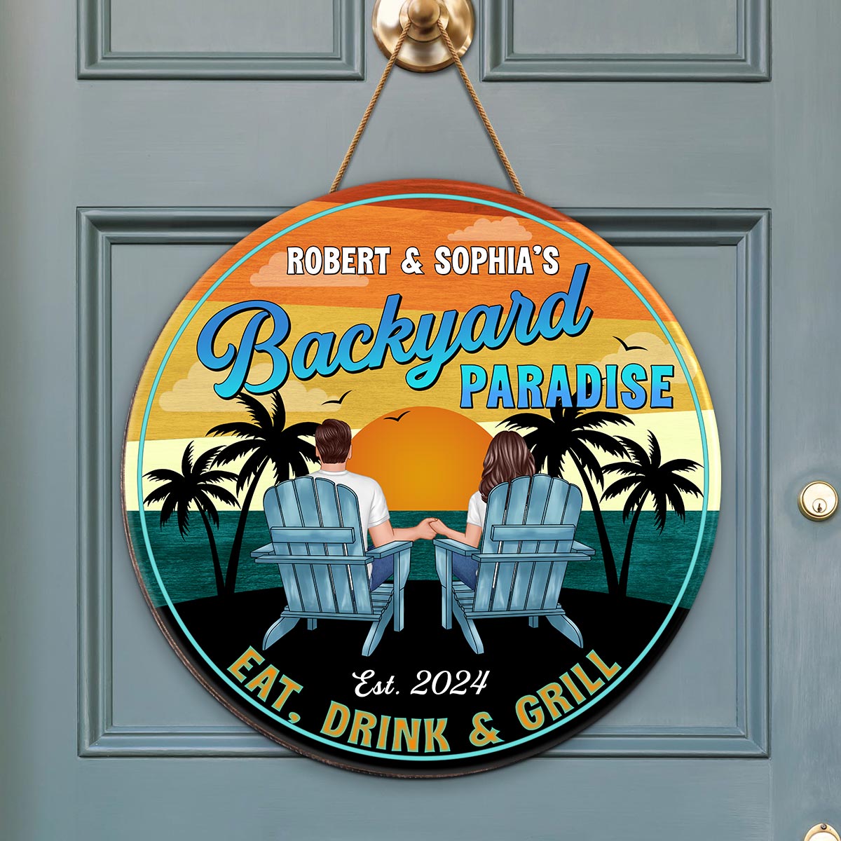 Vintage Backyard Paradise Couple Sitting Personalized Wood Sign, Housewarming, Birthday, Anniversary Gift for Him, Her