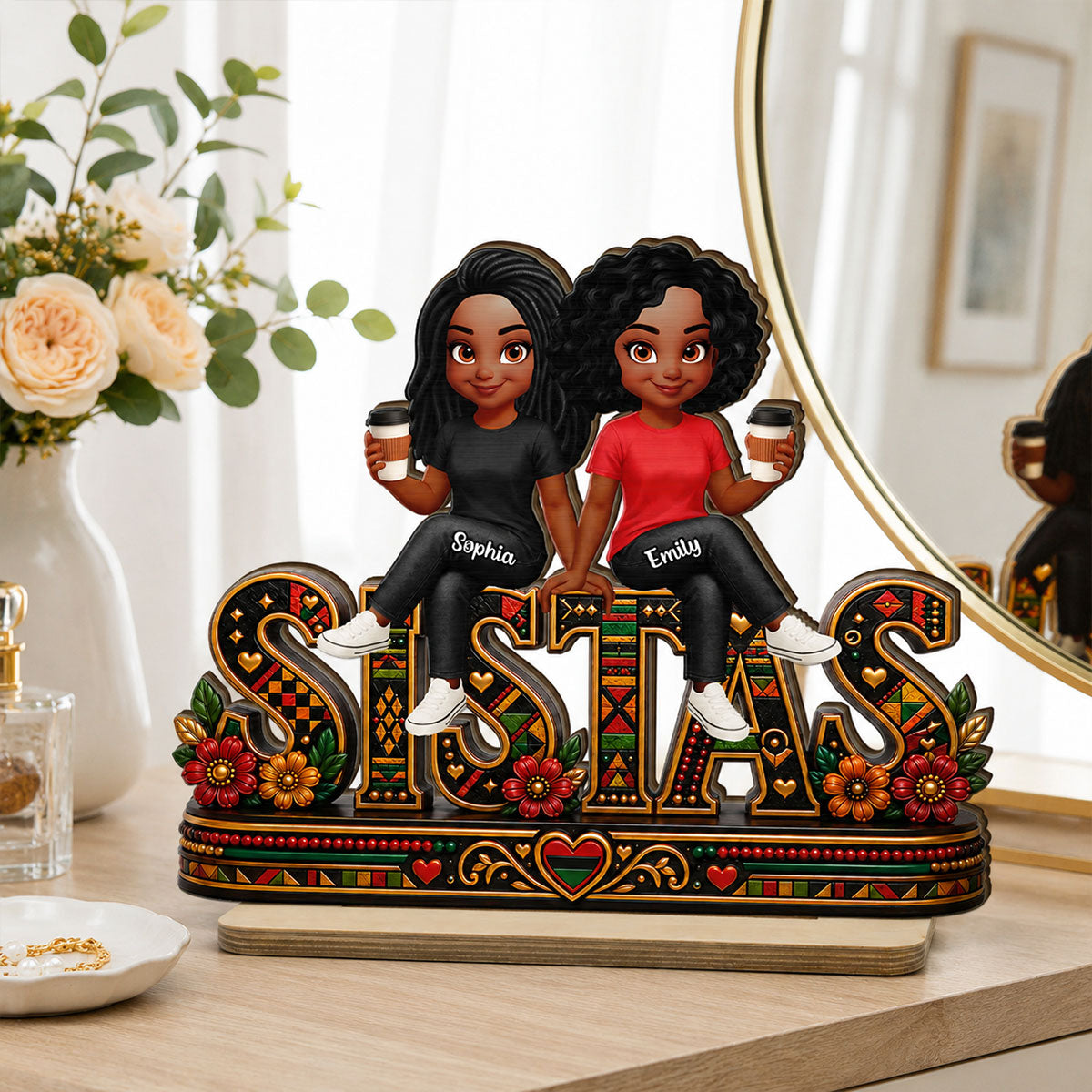 Tribal Patterned Besties Sisters Sistas Forever - Personalized 2-Layered Wooden Plaque - Birthday Gift, International Day of Friendship Gift For Best Friends