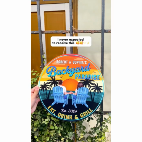 Vintage Backyard Paradise Couple Sitting Personalized Wood Sign, Housewarming, Birthday, Anniversary Gift for Him, Her