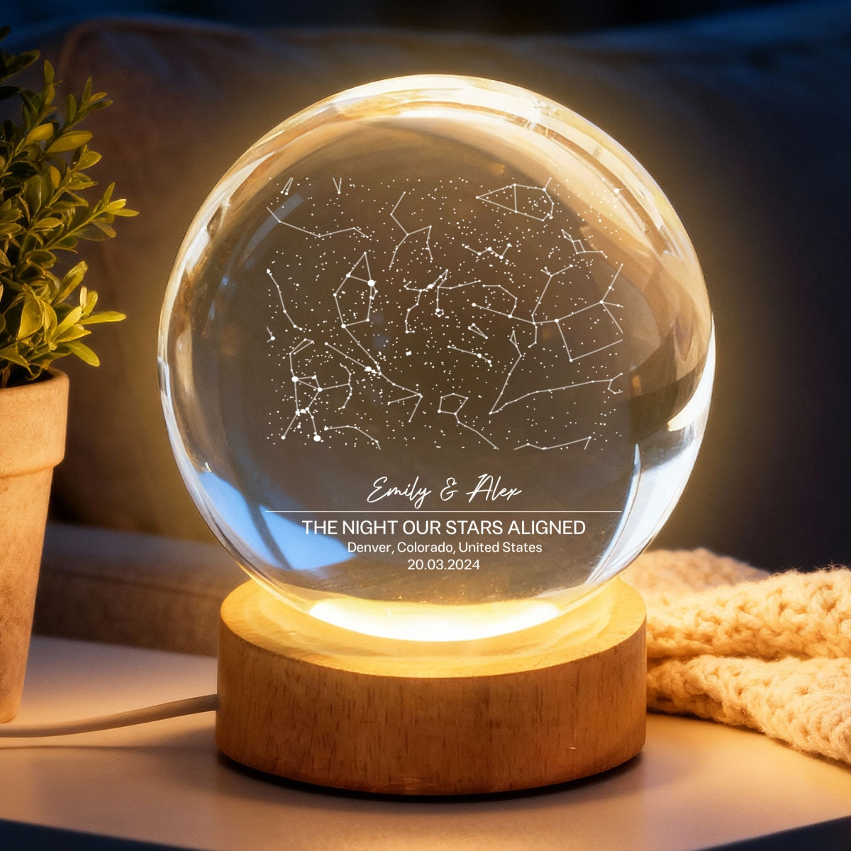 Eternal Love Custom Couple Anniversary Date Star Map - Personalized Crystal Ball LED Night Light - Valentine's Day Gift For Couple, For Her, For Him