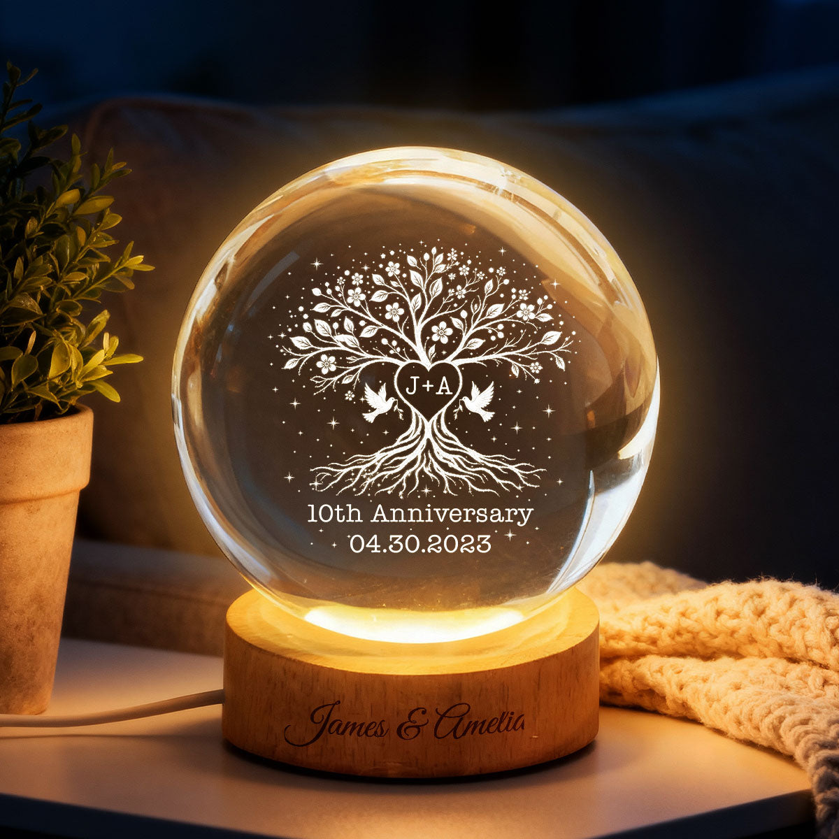 Wedding Anniversary Tree of Life - Personalized Crystal Ball LED Night Light - Heartfelt Gift for Her, Gift for Him