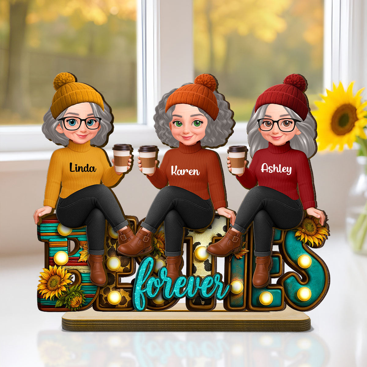 Western Fall Vibe Besties Sitting - Personalized 2-Layered Wooden Plaque - Meaningful Gift For Best Friend