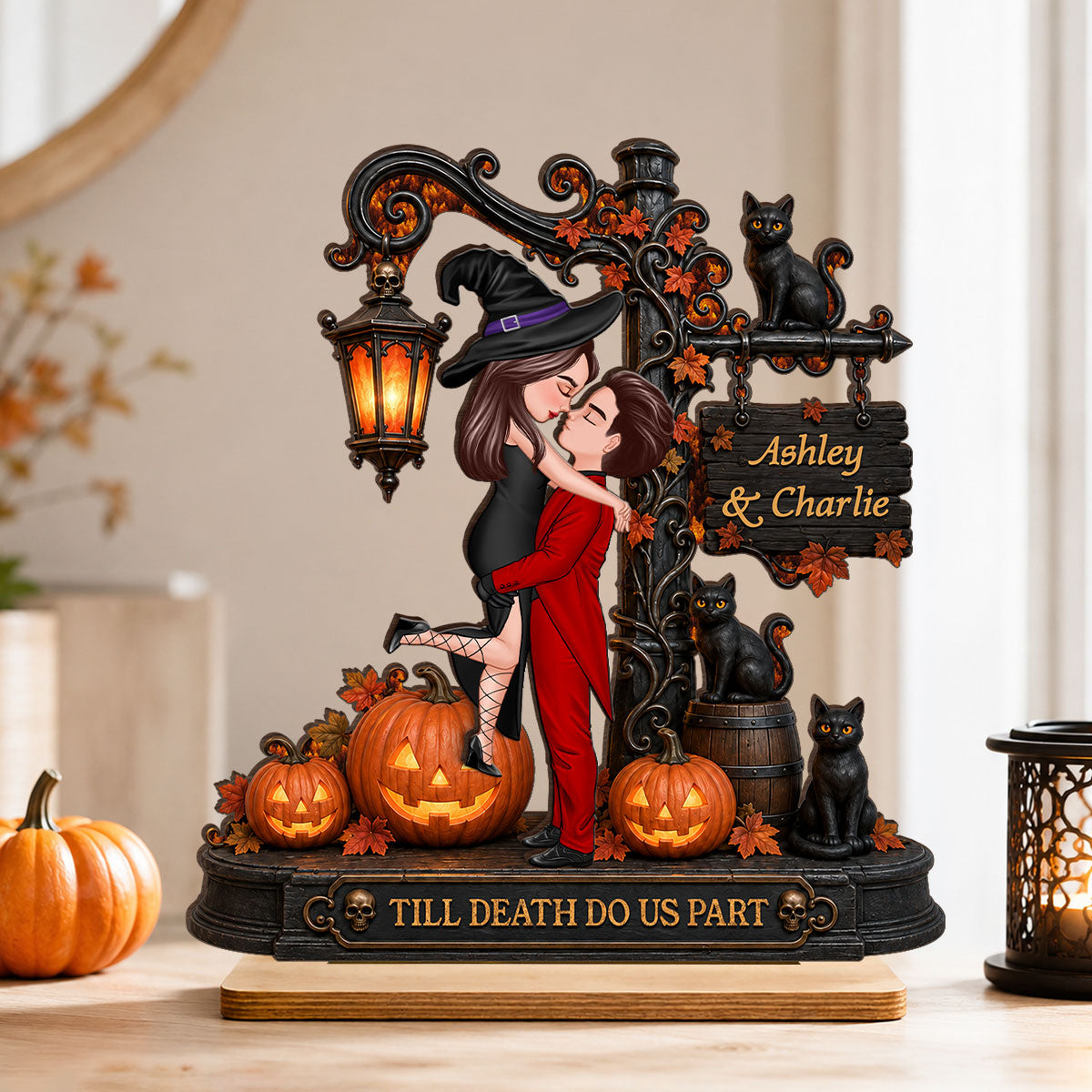 Till Death Do Us Part Couple - Personalized 2-Layered Wooden Plaque - Halloween Fall Decor for Her