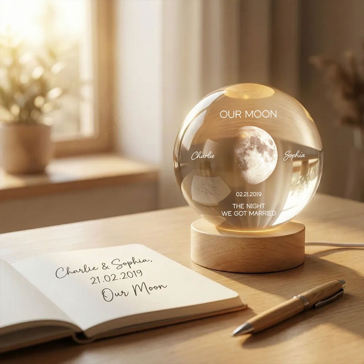 Our Moon Special Date, Custom Moon Phase by Date - Personalized Crystal Ball Night Light - Heartfelt Anniversary Gift for her, for him