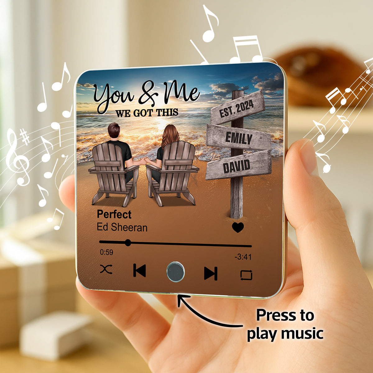 Romantic Beach Landscape Couple Sitting Holding Hands Sign Posts - Personalized Music Fridge Magnet - Heartfelt Gift For Couple, For Him, For Her, Husband, Wife