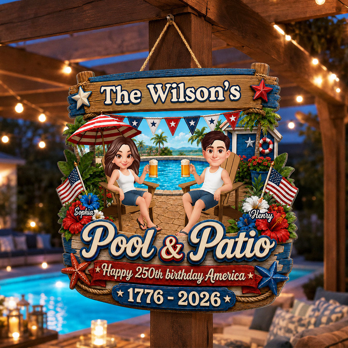 America 250th Anniversary Couple Pool & Patio - Personalized Wood Sign - Summer Pool Patio Decoration