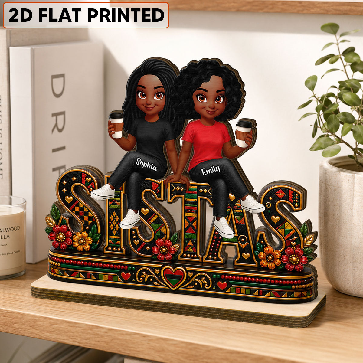 Tribal Patterned Besties Sisters Sistas Forever - Personalized 2-Layered Wooden Plaque - Birthday Gift, International Day of Friendship Gift For Best Friends