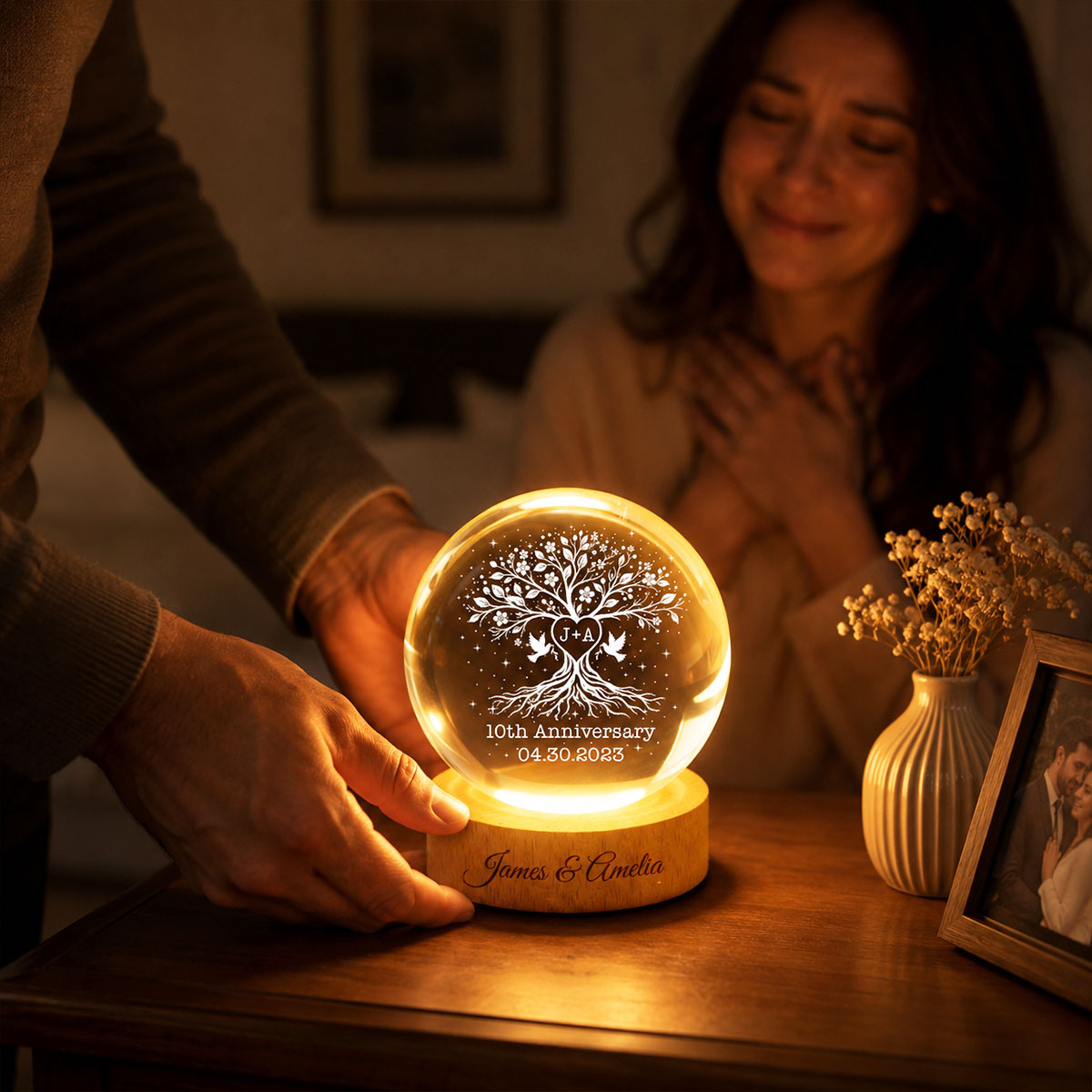 Wedding Anniversary Tree of Life - Personalized Crystal Ball LED Night Light - Heartfelt Gift for Her, Gift for Him