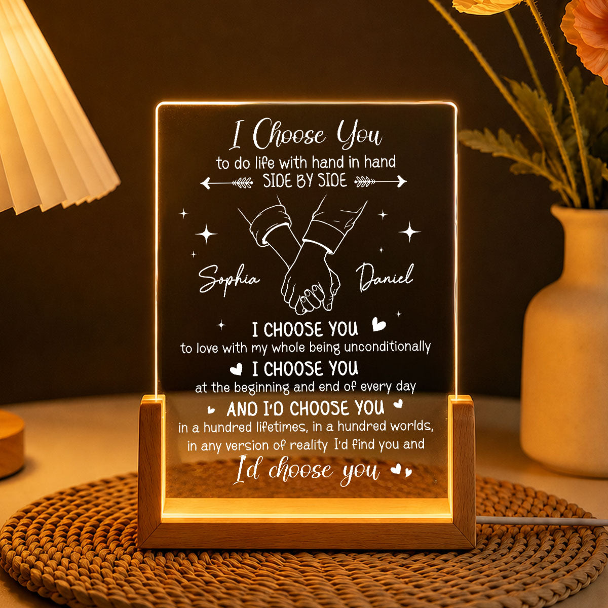 Romantic I Choose You Hand In Hand - Personalized Acrylic LED Night Light - Wedding Anniversary Gift For Couple