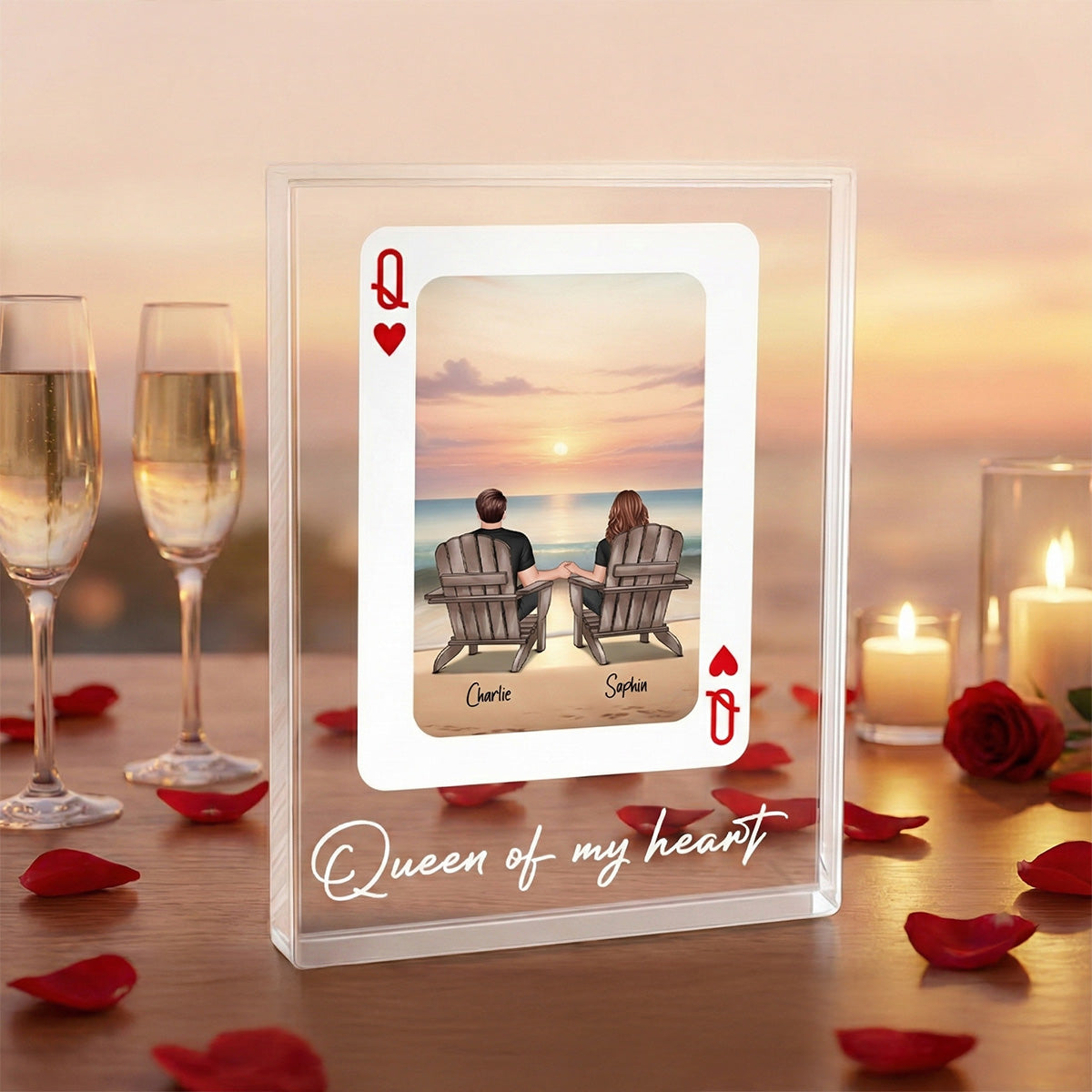You're King/Queen Of My Heart Couple Sitting At Beach - Personalized Acrylic Block Plaque - Valentine's Day Gift, Anniversary Gift For Him, For Her