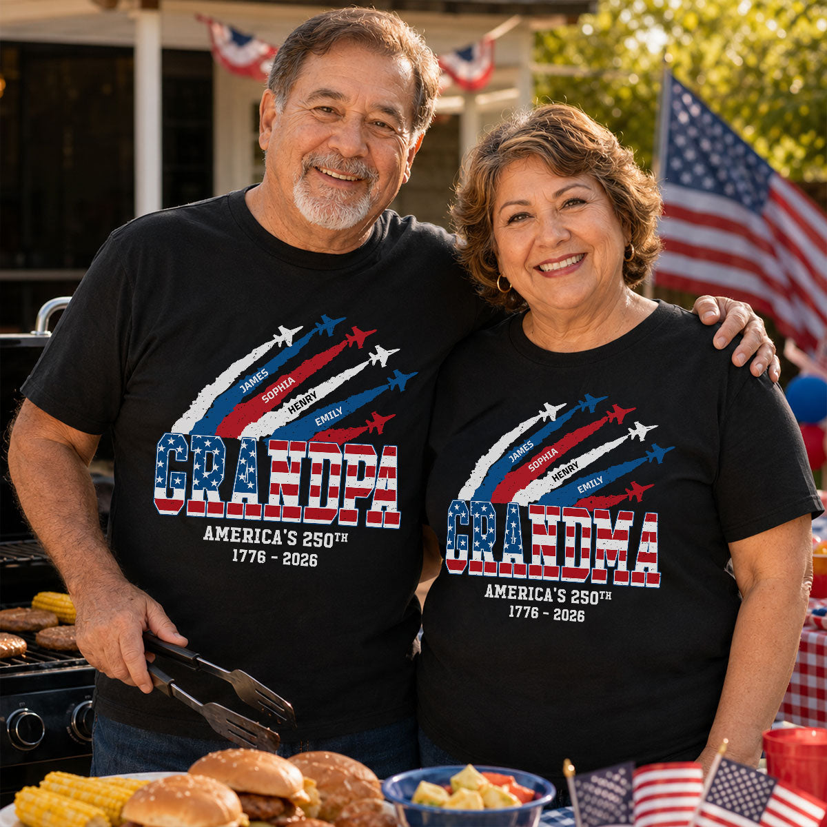 Proud Grandma Grandpa Nation Flag America 250th Anniversary - Personalized Set Of 2 Shirts - 250 Years Of Freedom Celebration, Matching Shirts