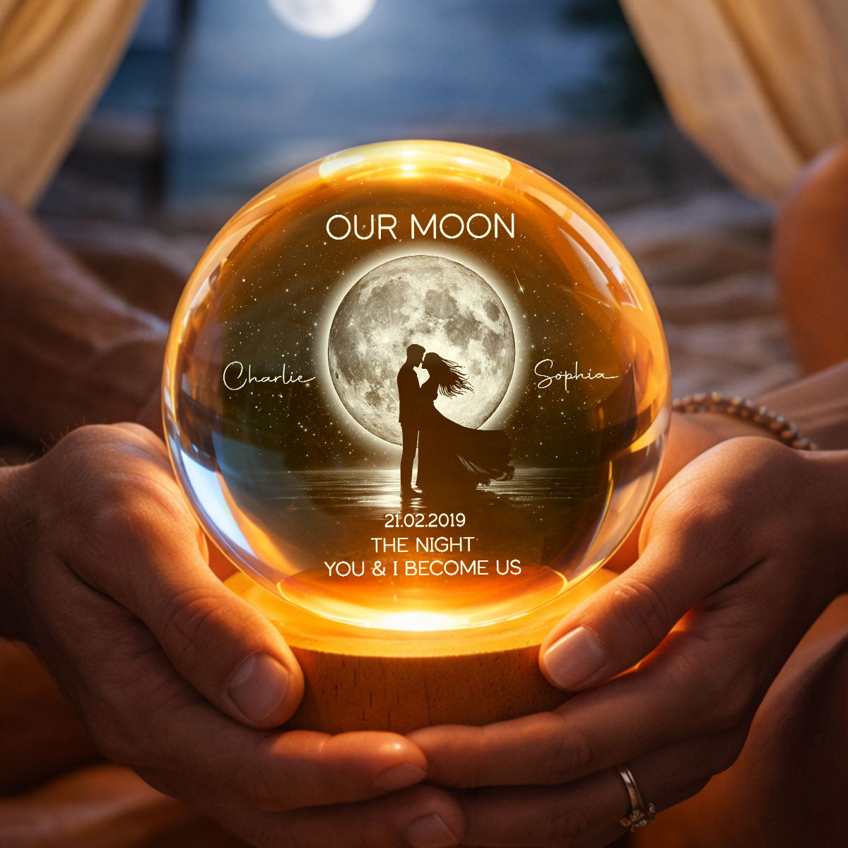 Couple Kissing Under the Moonlight, Custom Moon Phase by Date - Personalized Crystal Ball LED Night Light - Sentimental Gift for Her, for Him