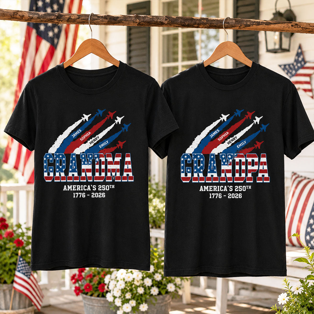 Proud Grandma Grandpa Nation Flag America 250th Anniversary - Personalized Set Of 2 Shirts - 250 Years Of Freedom Celebration, Matching Shirts