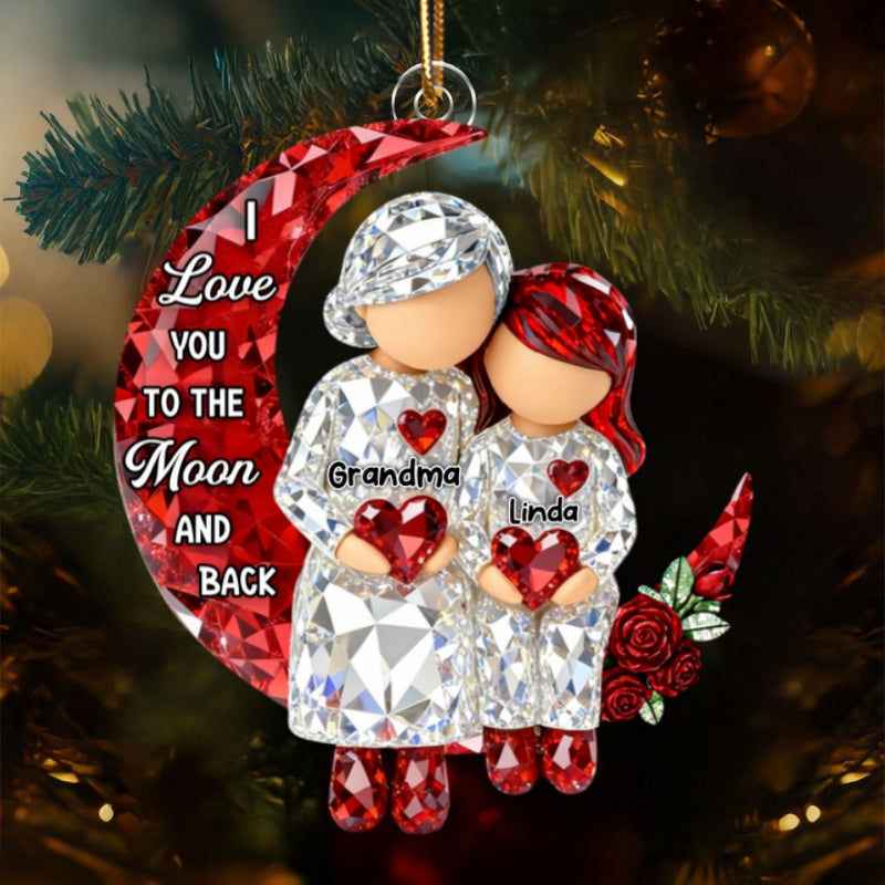 3D Crystal Effect Grandma Grandpa Grandkid Sitting on Moon  - Personalized Acrylic Ornament - Christmas Gift for Grandma, Grandkids
