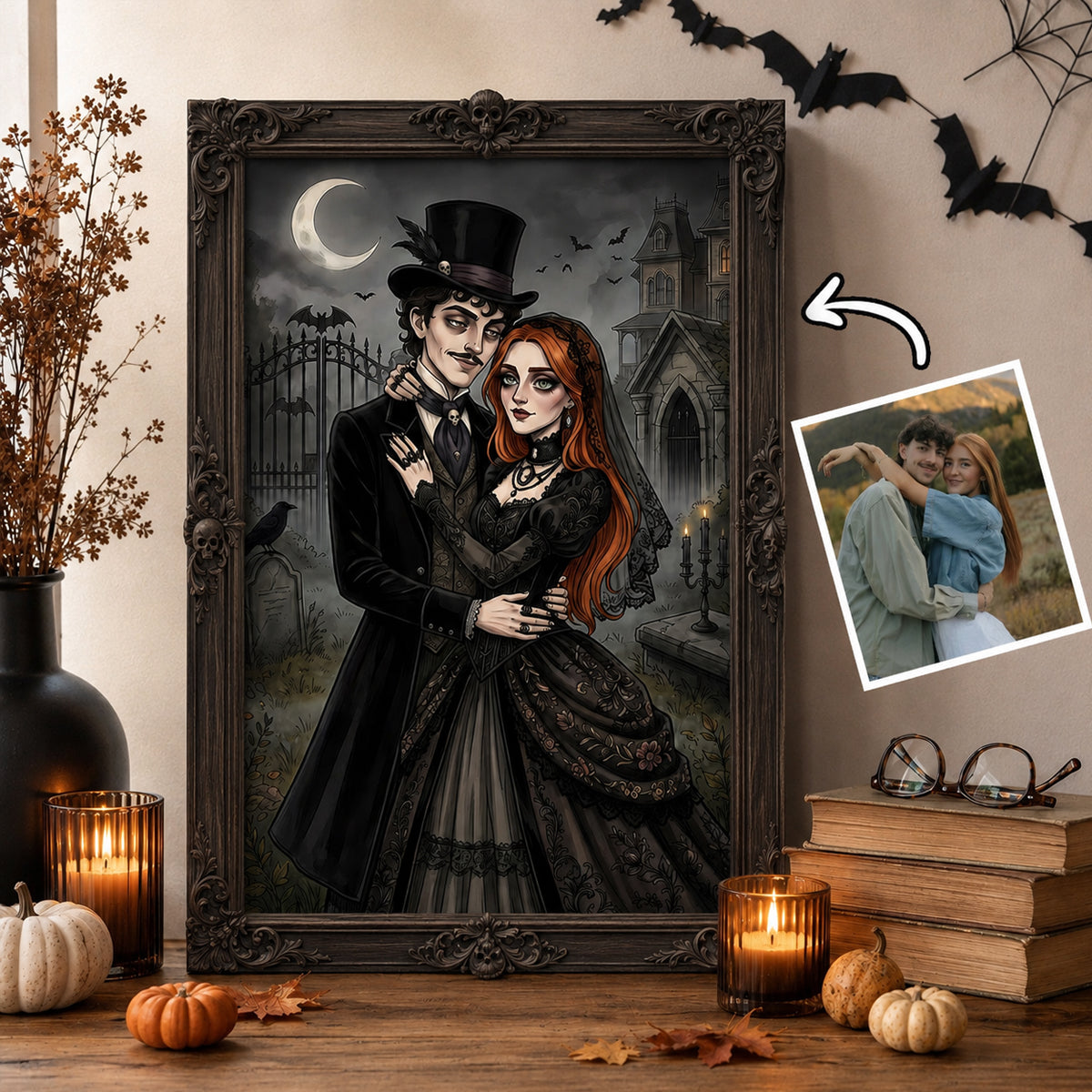 Custom Gothic Couple Portrait from Photo - Personalized Poster - Halloween Decor, Anniversary Gift for Her, for Him