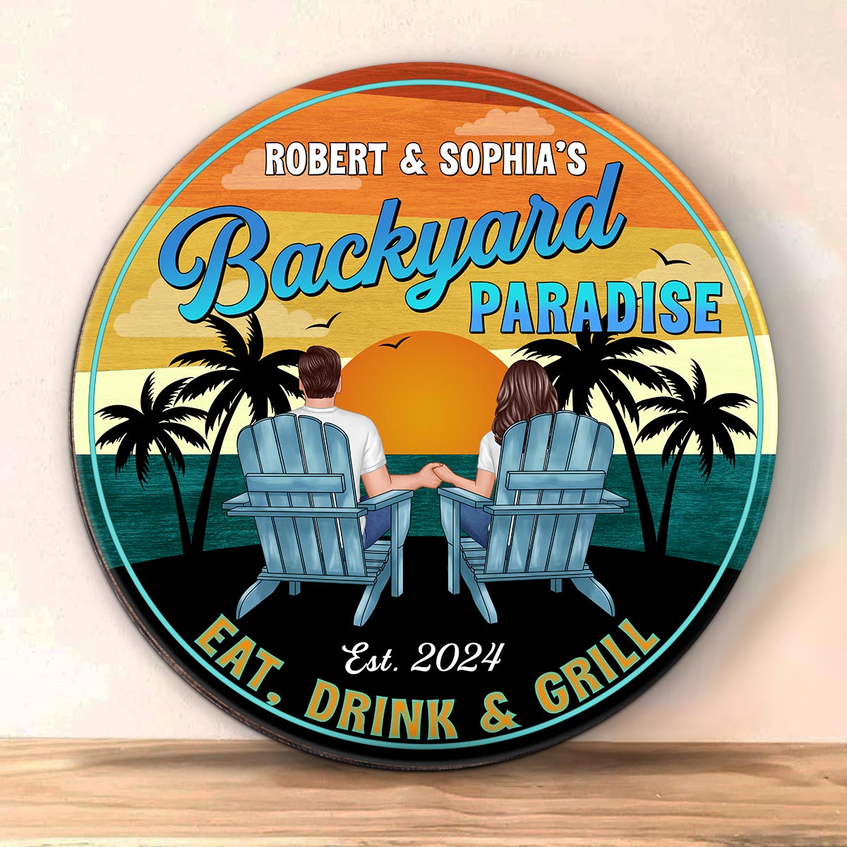 Vintage Backyard Paradise Couple Sitting Personalized Wood Sign, Housewarming, Birthday, Anniversary Gift for Him, Her