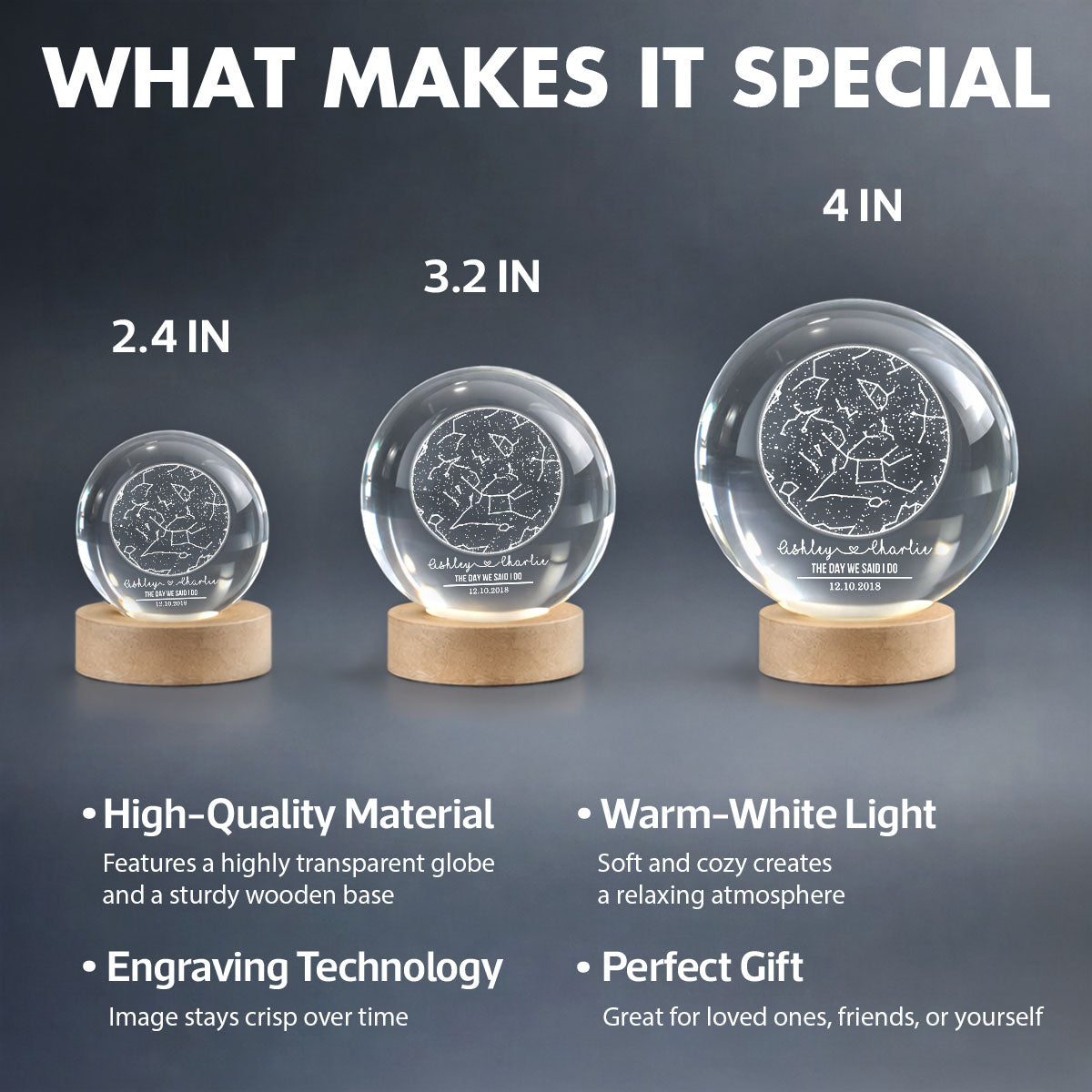 Custom Constellation Couple Star Map by Date - Personalized Crystal Ball Night Light - Heartfelt Anniversary Gift, Valentine's Day Gift for Her, for Him