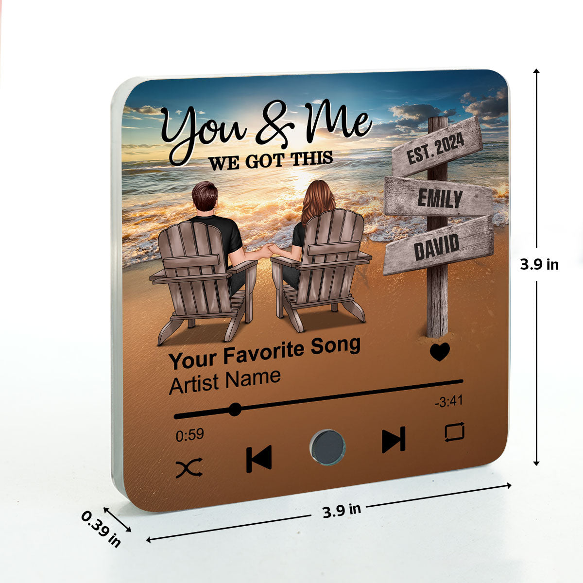 Romantic Beach Landscape Couple Sitting Holding Hands Sign Posts - Personalized Music Fridge Magnet - Heartfelt Gift For Couple, For Him, For Her, Husband, Wife