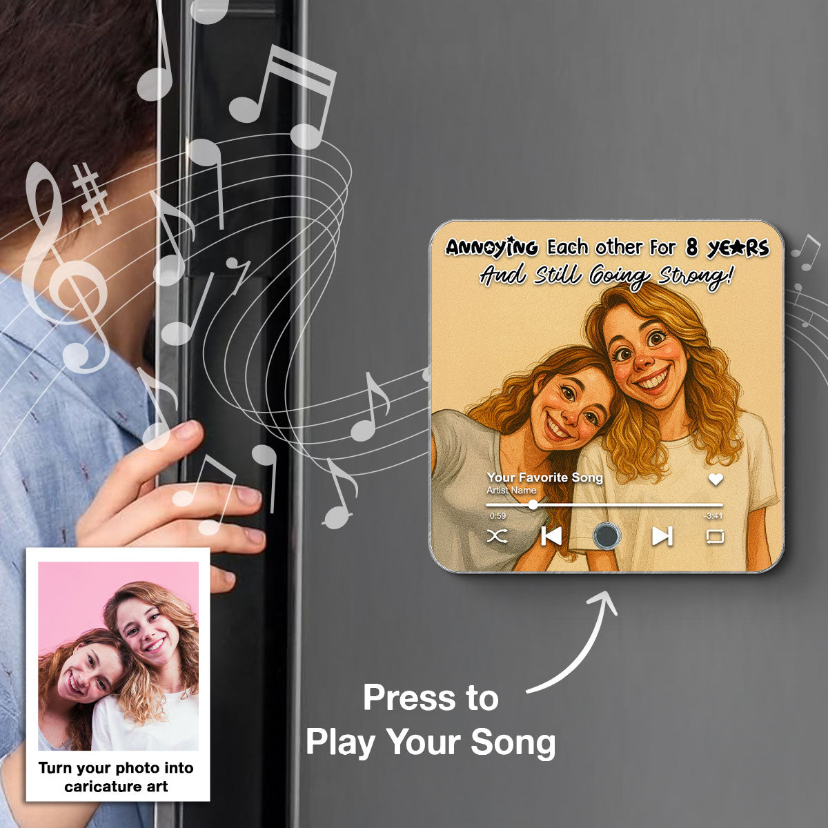 Caricature Couple Photo Personalized Music Fridge Magnet, Anniversary, Birthday, Just Because Gift for him, Gift for her