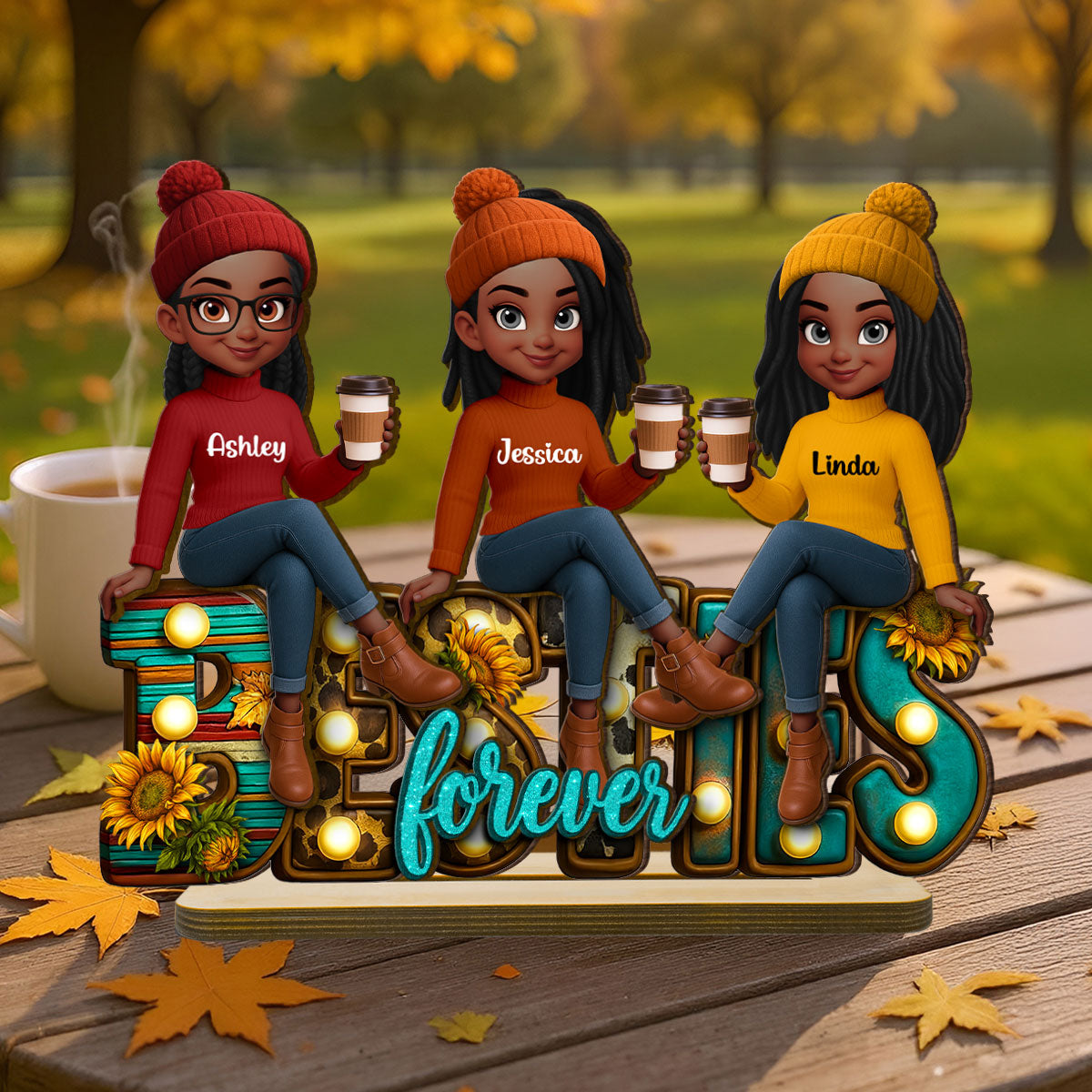 Western Fall Vibe Besties Sitting Personalized Standing Wooden Plaque, Fall Gift for Best Friends