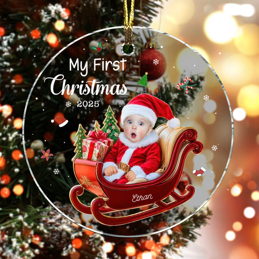 Personalized Baby 1st Christmas Custom Photo Adorable Little Santa Acrylic Circle Ornament