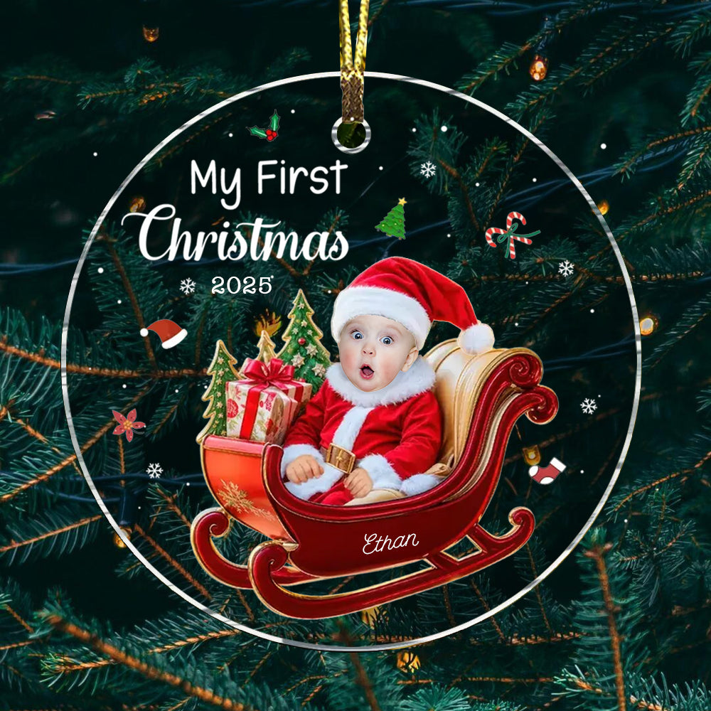 Personalized Baby 1st Christmas Custom Photo Adorable Little Santa Acrylic Circle Ornament