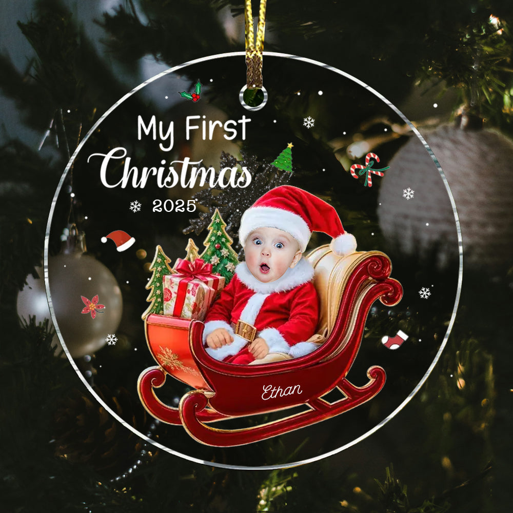 Personalized Baby 1st Christmas Custom Photo Adorable Little Santa Acrylic Circle Ornament