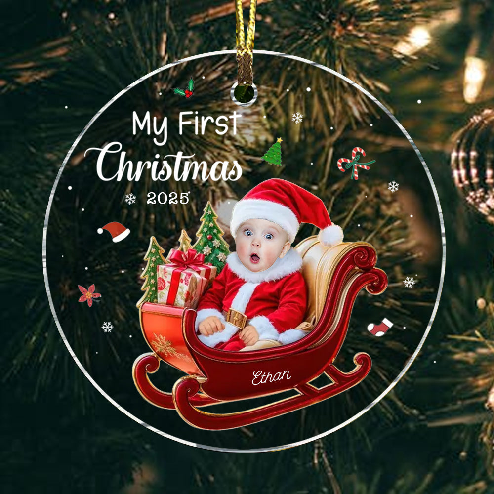 Personalized Baby 1st Christmas Custom Photo Adorable Little Santa Acrylic Circle Ornament