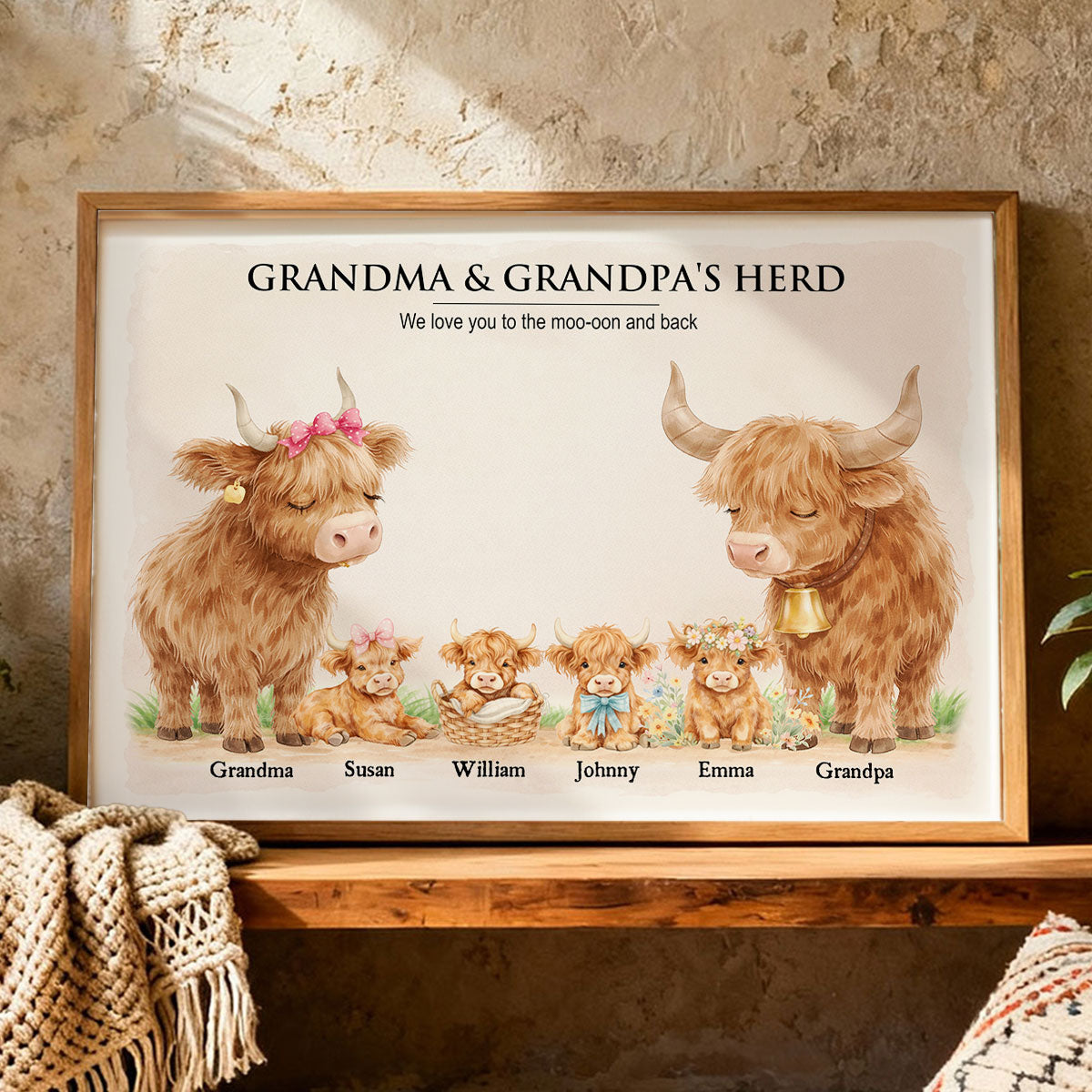 Grandma and Grandpa's Herd Highland Cow Family - Personalized Poster - Gift for Grandma, Grandpa